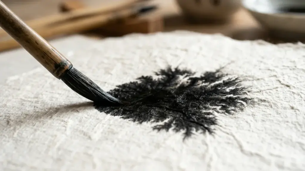 Un pinceau de calligraphie touche une feuille de papier texturé avec une tache d'encre noire.