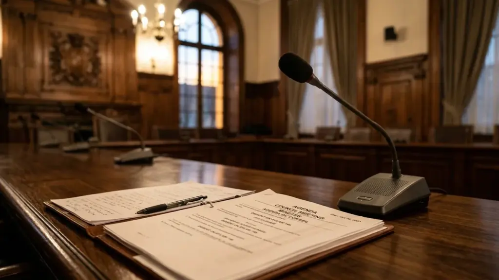 Microphone et documents posés sur une table en bois dans une salle de conseil.