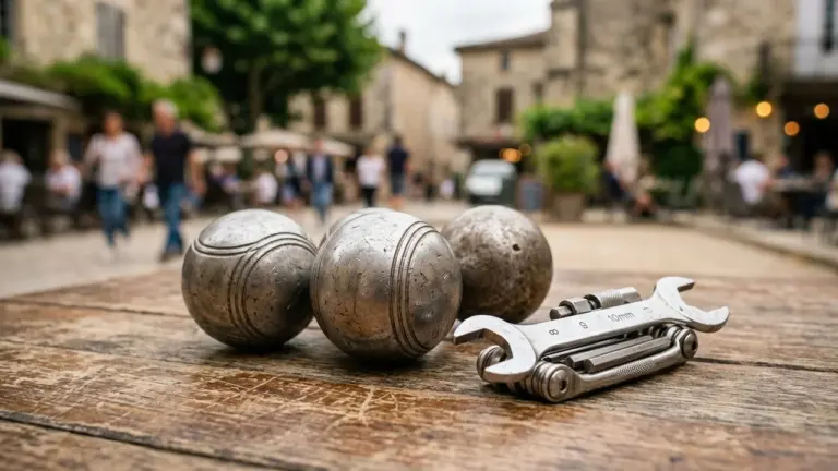 Trois boules de pétanque métalliques et un outil multifonction posés sur une table en bois.