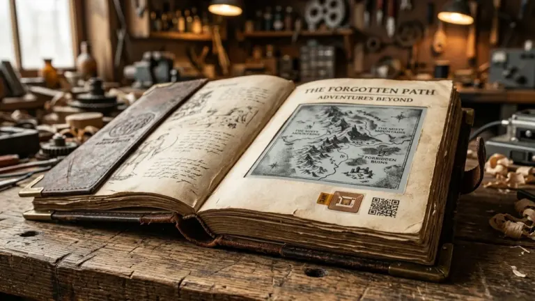 Vieux livre ouvert sur une table avec une carte fantastique, une puce NFC et QR code.