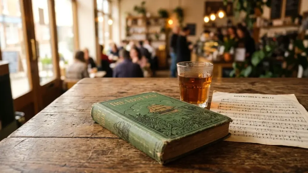 Un livre vert ancien et une partition musicale posés sur une table en bois.