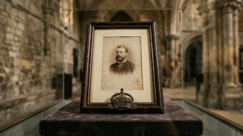 Portrait ancien d'un homme en costume, encadré et surmonté d'une petite couronne royale décorative.