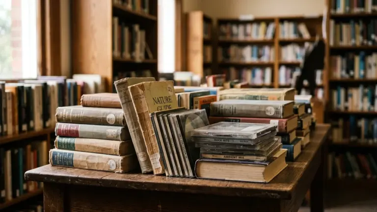Piles de livres anciens et boîtiers de CD posés sur une table en bois.