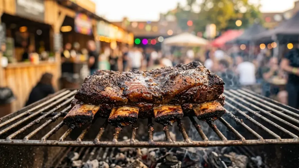 Une pièce de bœuf grillée juteuse cuit lentement sur un barbecue fumant en extérieur.
