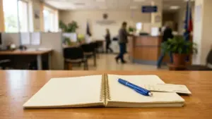 Un carnet ouvert et un stylo bleu posés sur un bureau dans une administration.