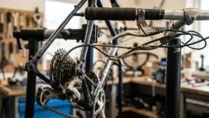 Gros plan sur le dérailleur et le guidon d'un vélo dans un atelier mécanique.