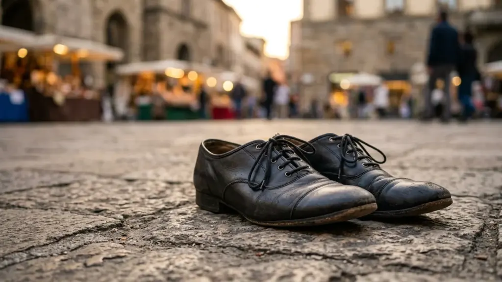 Une paire de chaussures noires en cuir posée sur des pavés dans une rue.