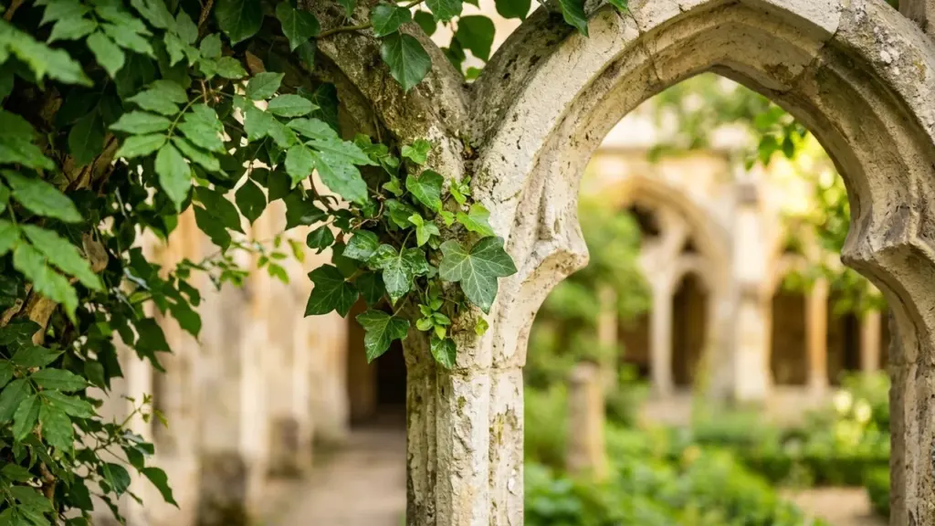 Une arche en pierre ancienne recouverte de lierre vert dans un jardin médiéval historique.
