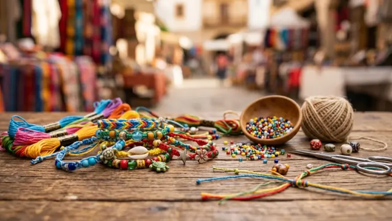 Des bracelets artisanaux colorés posés sur une table en bois avec des perles éparpillées.