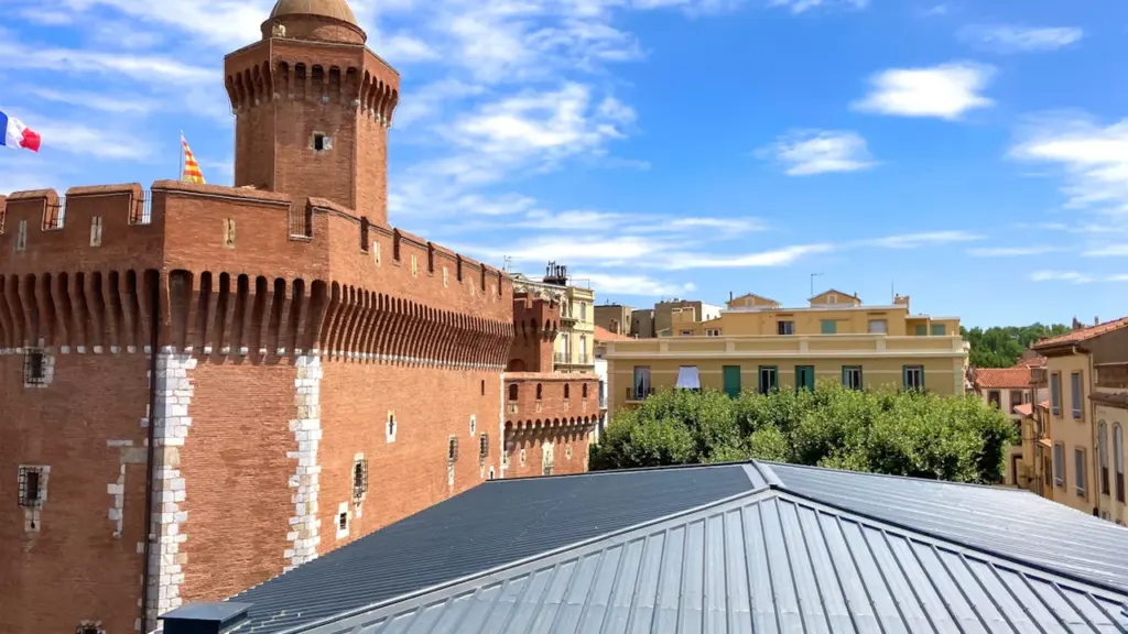 Vue panoramique des toits de Perpignan incluant le célèbre Castillet historique.