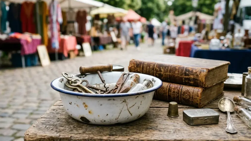 Un bol en émail contenant des clés anciennes sur une table de brocante en extérieur.
