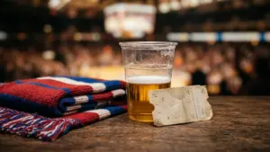 Un gobelet de bière, une écharpe rayée et un billet de match sur une table.