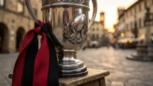 Gros plan sur un trophée de rugby argenté avec des rubans rouge et noir.