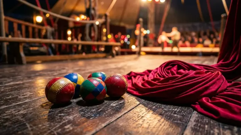 Plusieurs balles de jonglage colorées posées sur une scène en bois sous un chapiteau.