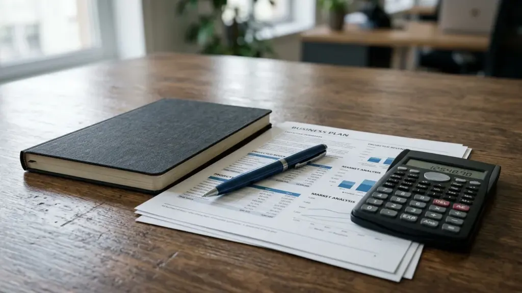Un carnet noir, un stylo et une calculatrice posés sur des documents d'analyse commerciale.