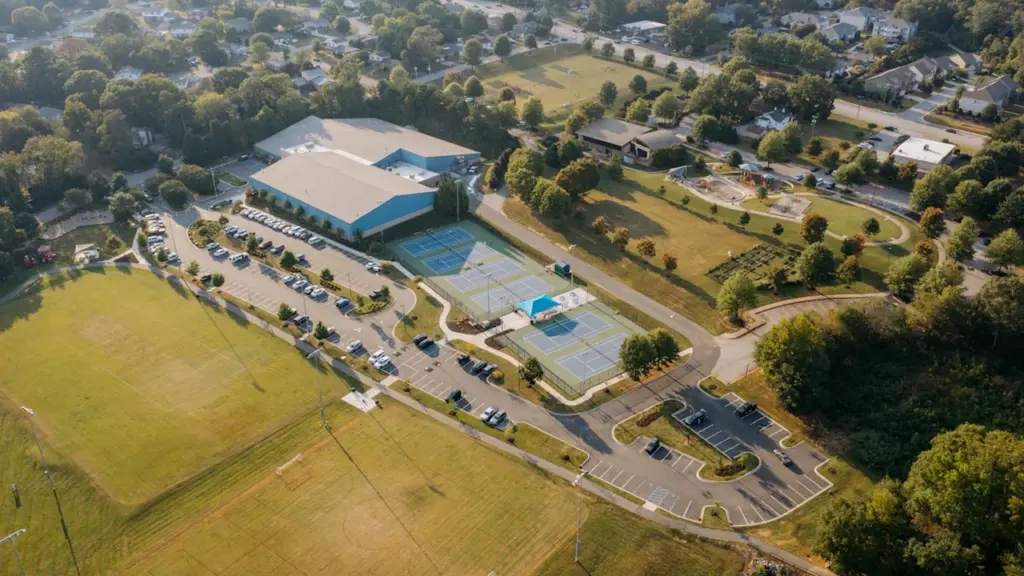 Vue aérienne d'un complexe sportif avec terrains et espaces extérieurs.