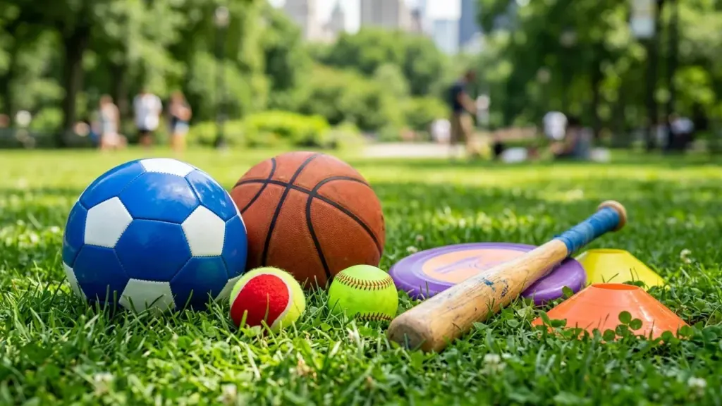 Divers ballons et équipements de sport posés sur une pelouse verte en plein air.