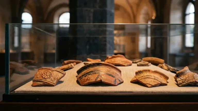 Des fragments de poteries antiques exposés derrière une vitrine en verre dans un musée.
