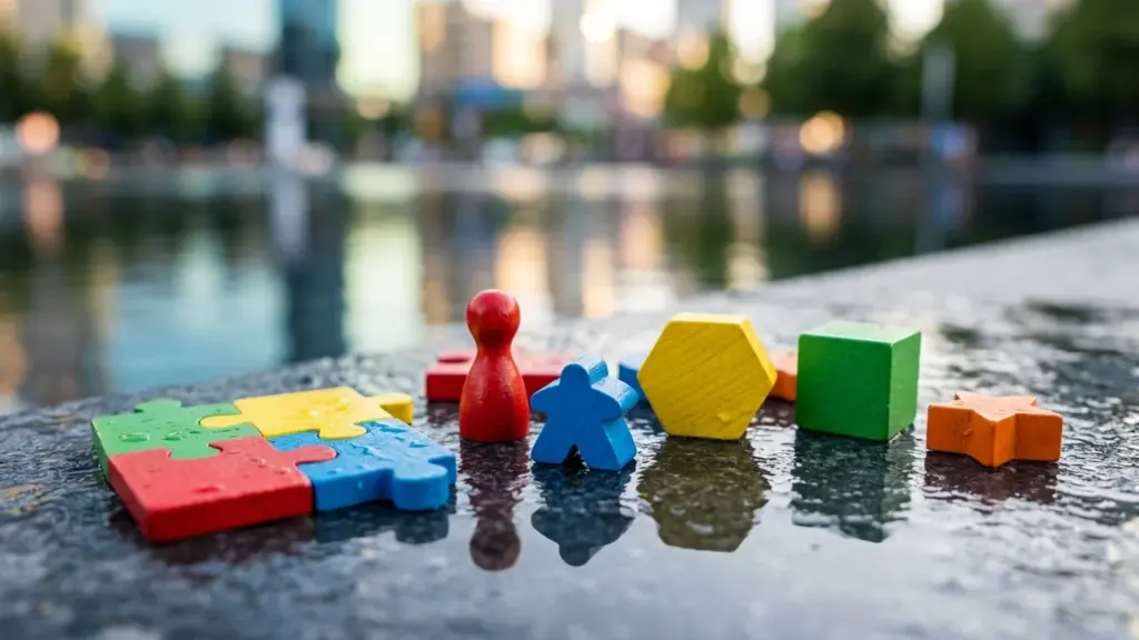 Des pièces de jeux colorées et des formes géométriques posées sur une surface humide.