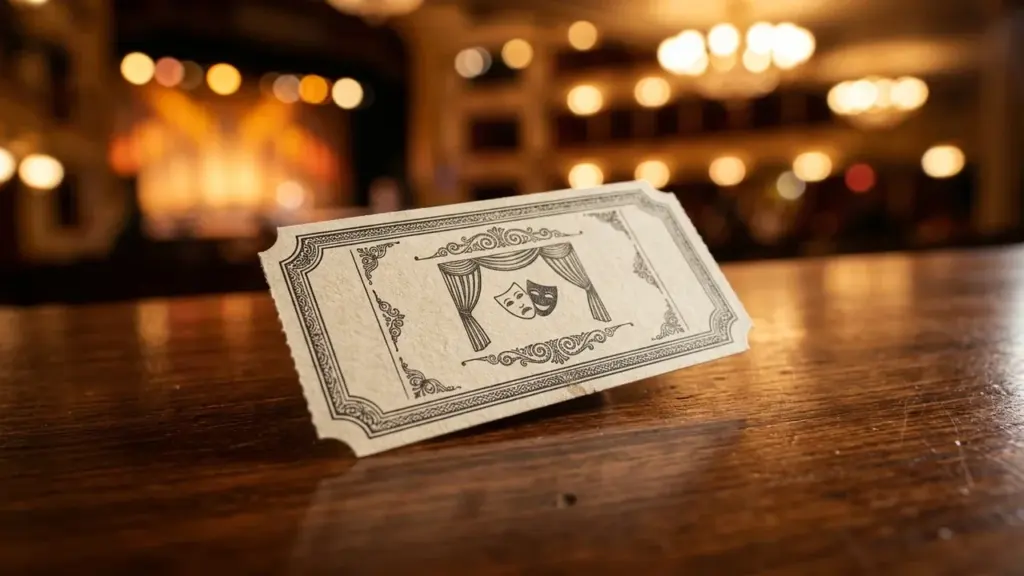 Un ticket de théâtre vintage posé sur une table en bois avec salle floue en arrière-plan.