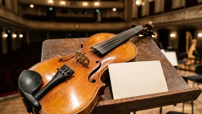 Un violon ancien repose sur un pupitre en bois dans une salle de concert vide.