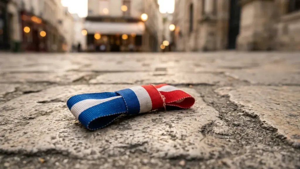 Un ruban aux couleurs bleu, blanc et rouge posé sur des pavés en ville.
