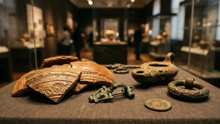 Des fragments de poterie ancienne, une lampe, une broche et une pièce exposées en vitrine.