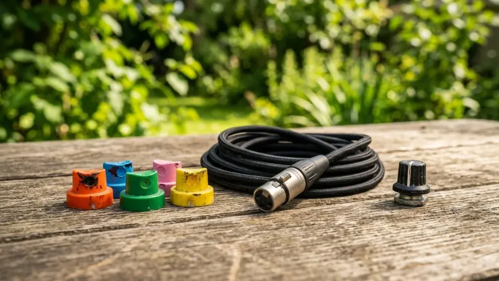 Des capuchons de bombe de peinture colorés et un câble XLR sur une table boisée.