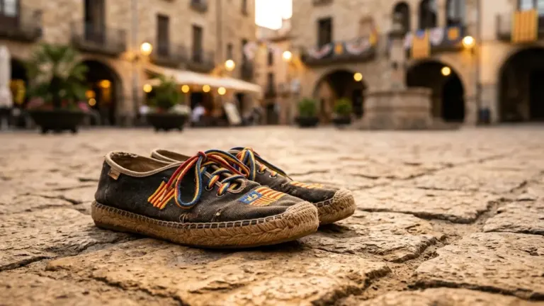 Une paire d'espadrilles en toile sombre posée sur les pavés d'une place historique floue.