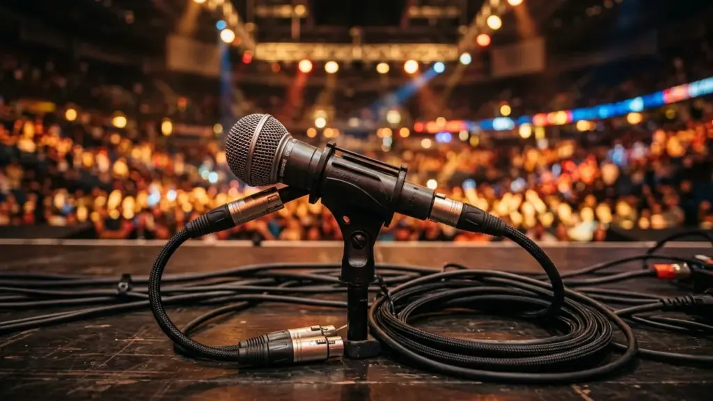 Un microphone sur pied posé sur scène devant une foule floue en arrière-plan.