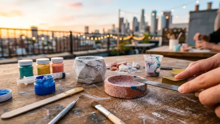 Mains ponçant un objet en terrazzo sur une table avec des outils de bricolage.