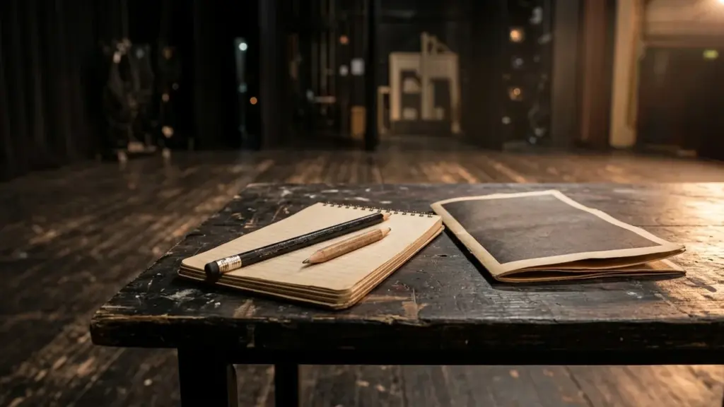 Carnet et crayons posés sur une table en bois devant une scène de théâtre.