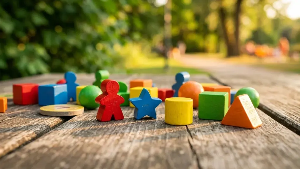 Des formes en bois colorées et des figurines disposées sur une table en bois extérieure.