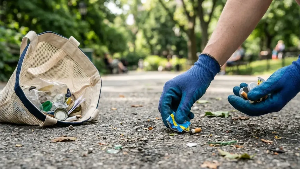 Une personne gantée ramasse des déchets au sol près d'un sac en filet rempli.