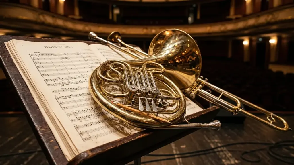 Un cor d'harmonie et une trompette posés sur une partition de musique symphonique.