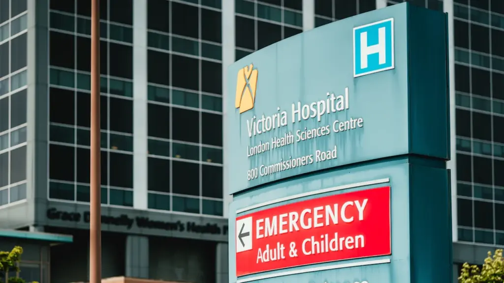 Panneau de signalisation d'urgence devant un hôpital moderne pour informer les patients.