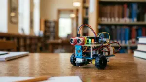 Un petit robot mobile équipé de capteurs et de câbles colorés sur une table.