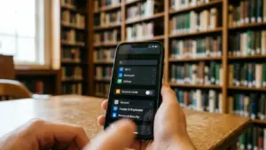 Une personne tient un smartphone affichant les réglages réseau dans une bibliothèque floue.