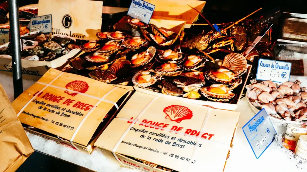 Plateaux de coquilles Saint-Jacques fraîches sur un étal de marché à Brest.