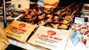 Plateaux de coquilles Saint-Jacques fraîches sur un étal de marché à Brest.