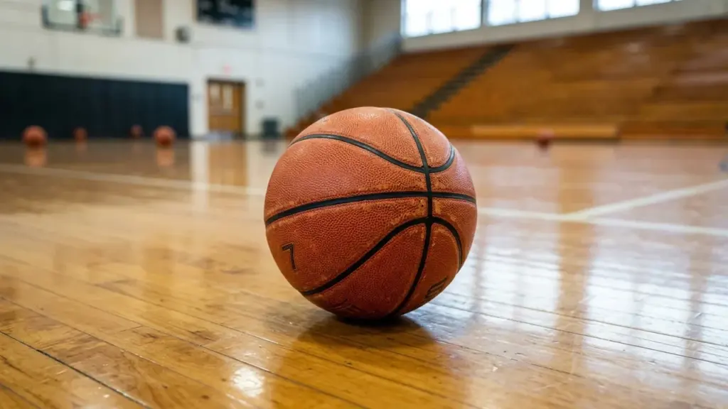 Un ballon de basket en cuir orange posé sur un terrain de sport intérieur.