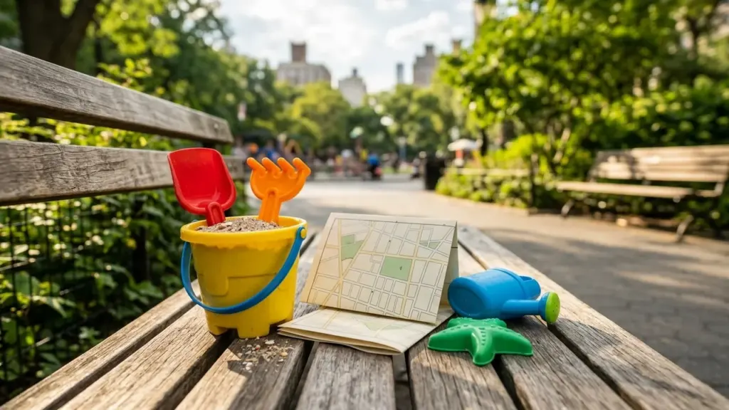 Seau jaune, jouets de plage et carte dépliée posés sur un banc en bois.