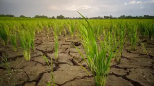 Jeunes plants de riz émergeant d'un sol argileux brun sévèrement fissuré par la sécheresse.