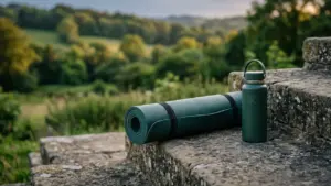 Un tapis de yoga vert enroulé et une gourde posés sur des marches en pierre.