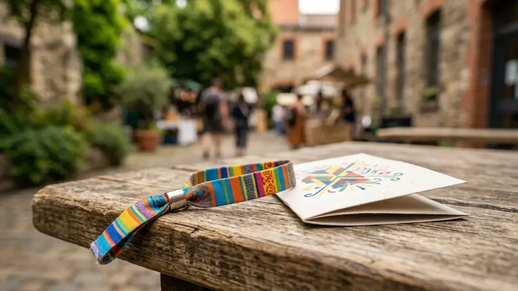 Un bracelet coloré et un dépliant plié reposent sur une table en bois extérieure.
