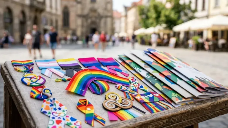 Des accessoires aux couleurs de l'arc-en-ciel exposés sur une table en bois en extérieur.