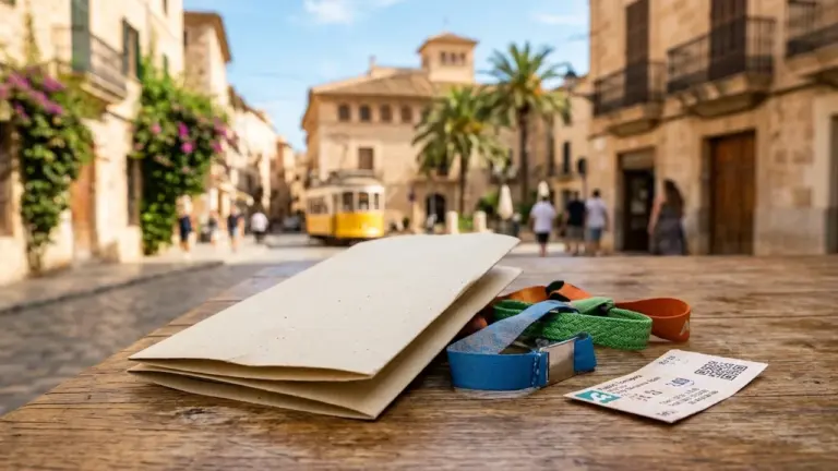 Une table en bois avec un dépliant et des bracelets colorés devant une rue ancienne.