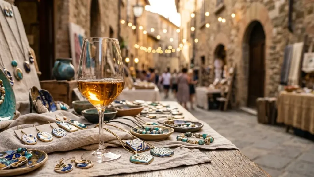 Un verre de vin blanc posé sur une table remplie de bijoux artisanaux colorés.