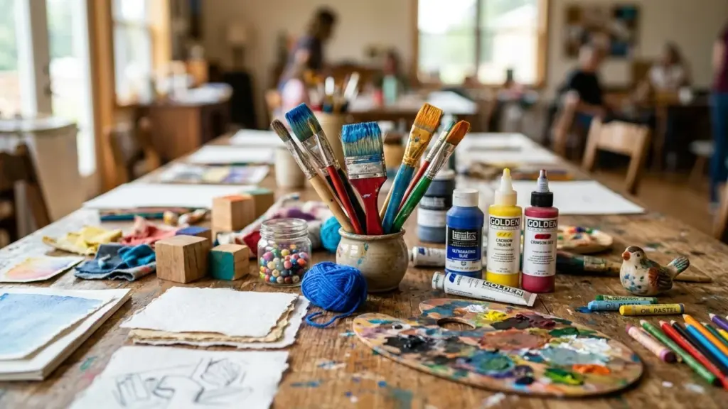 Pinceaux, tubes de peinture et matériel artistique disposés sur une table en bois artisanale.