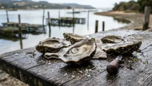 Des huîtres fraîches ouvertes sur une table en bois près d'un parc ostréicole marin.
